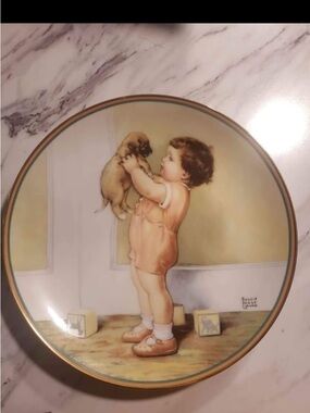 Vintage Nursery Plate with Child & Puppy Motif - Peach Tones